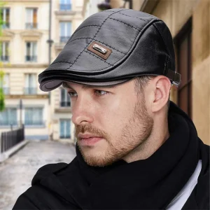 Baret Heren Zwart - FlatCap - Retro Leren Hoed