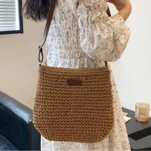 Handgeweven Schoudertas Dames Khaki - Leren Band Bohemian - Stro