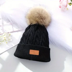 Pompom Muts Dames Zwart - Gebreide Warme Winter - Acryl