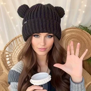 Gebreide Muts Kattenoortjes Dames Zwart - Schattig Winter - Acryl