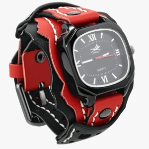 Horloge Heren Rood Zwart - Groot Vierkant Herenhorloge met Lederen Band