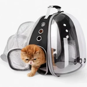 Ruimtelijke Kattenrugzak met Astronautenthema en Bolle Venster - Zwart