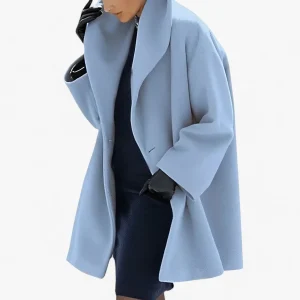 Dames Blauwe Wollen Trenchcoat - Lange Elegante Winterjas
