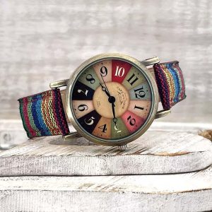 Retro Horloge met Denim Canvas Band Unisex - Lila/Blauw